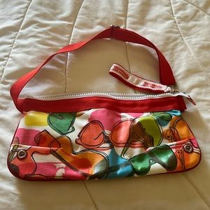 Colorful Heart Print Clutch with Red Accents